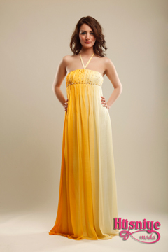 Yellow -colored halter dress model   fabric chiffon .
