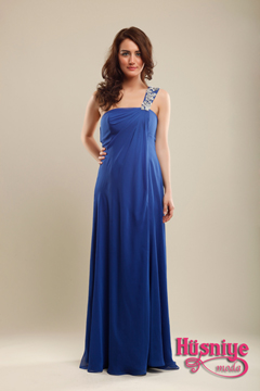 2010 Saks blue , one shoulder strap   chiffon evening gown , straps from the silver color embroidered .